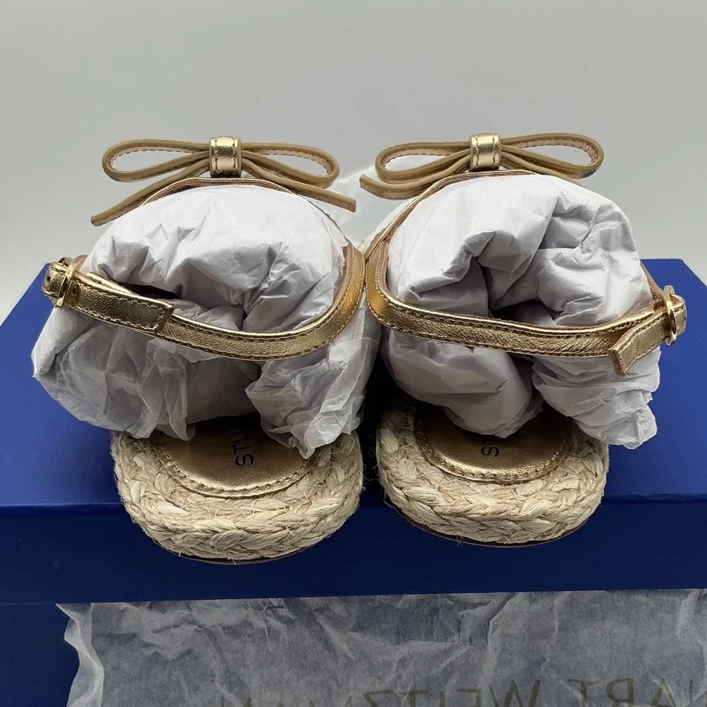 Stuart Weitzman Felicity Gold Metallic Leather Bow Espadrille‎ Sandals size 6
